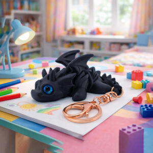 black 3D printed articulated dragon keychain flexible toy