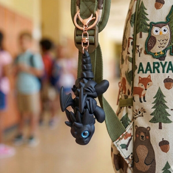 black 3D printed articulated dragon keychain flexible toy