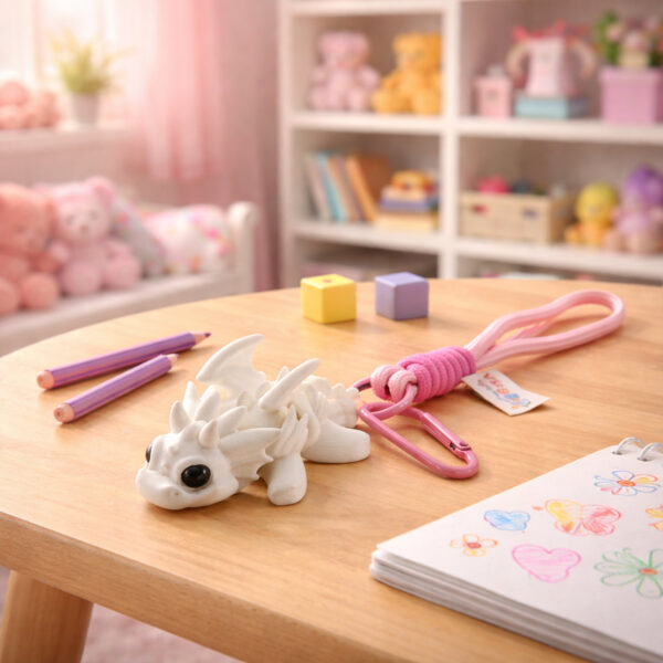 white 3D printed articulated dragon keychain flexible toy Kechain - Vinglits